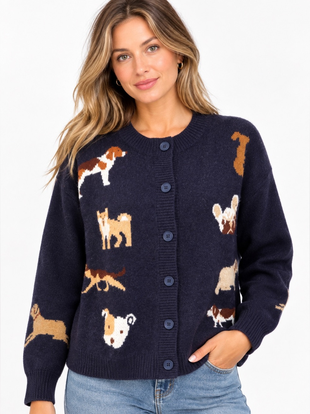 Debut Dog Lover Intarsia Knit Navy Button Cardigan Sweater S/M Whimsical Preppy